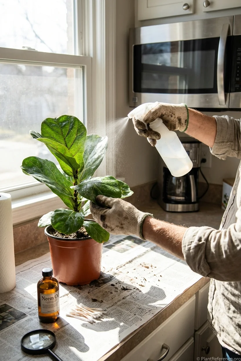 Applying neem oil spray treatment to fiddle leaf fig for comprehensive pest control