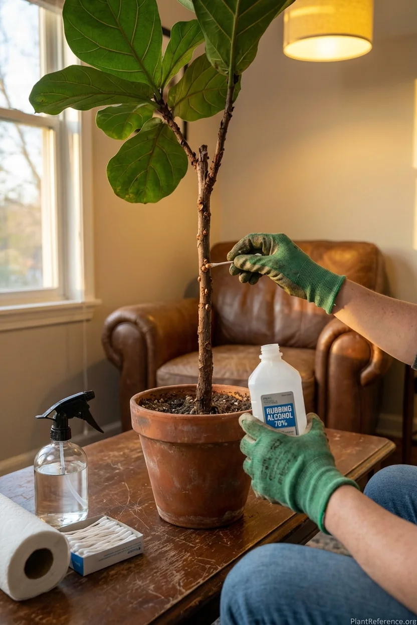 Removing scale insects from fiddle leaf fig stem using alcohol and cotton swab treatment