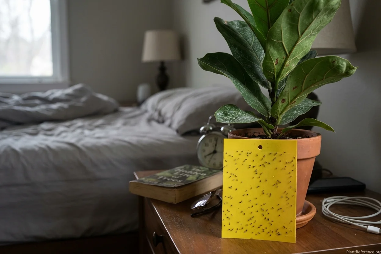 Yellow sticky trap showing captured thrips near fiddle leaf fig for pest identification