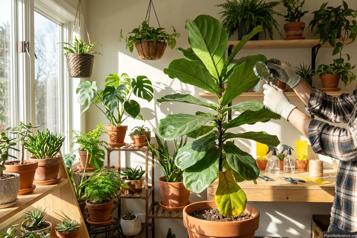Weekly fiddle leaf fig inspection routine using magnifying glass for early pest detection
