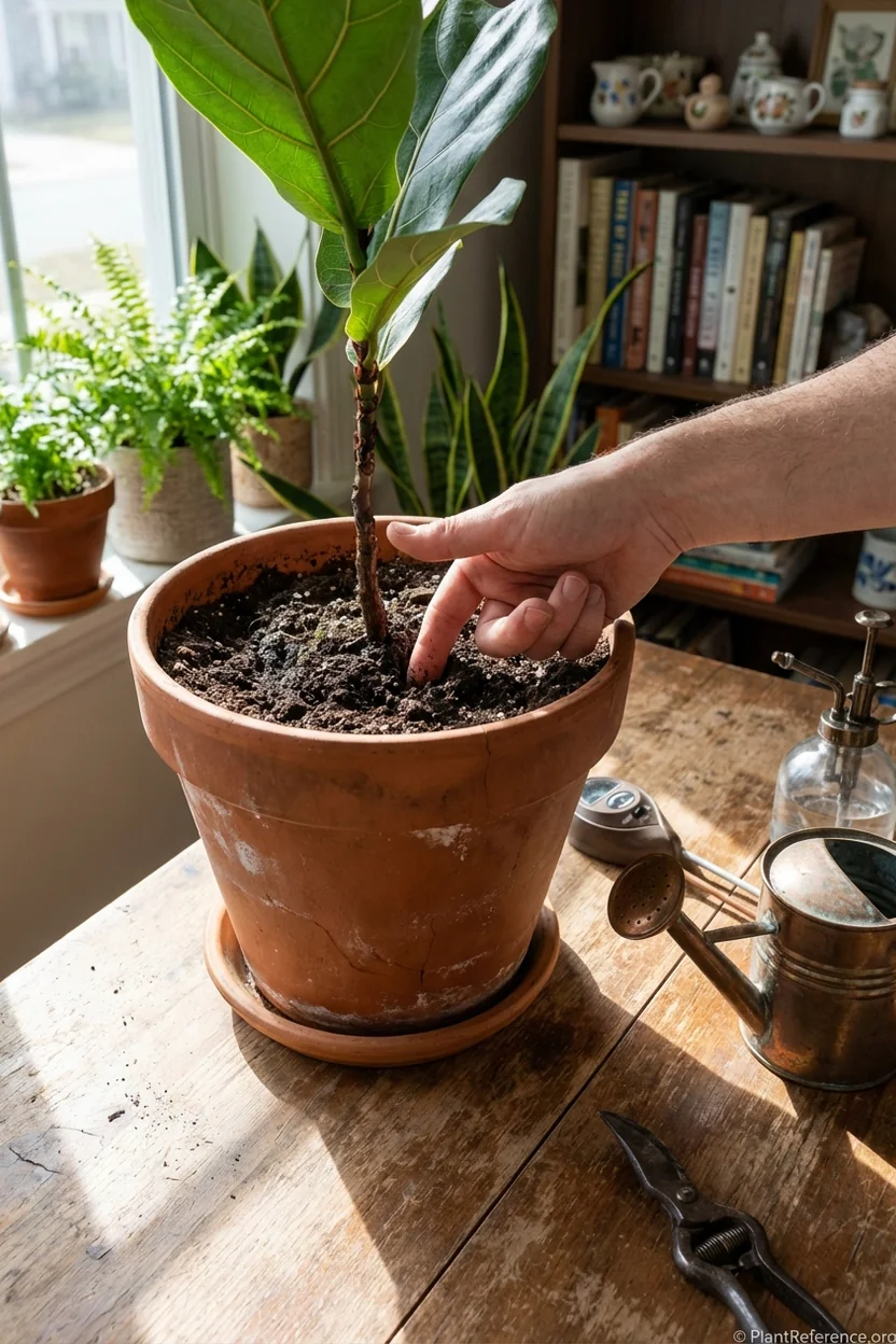 Testing fiddle leaf fig soil moisture by inserting finger 2-3 inches deep to determine watering needs