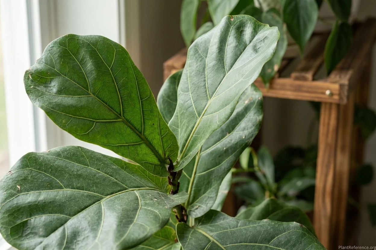 Close-up of fiddle leaf fig Ficus lyrata leaves showing characteristic violin shape and green veining