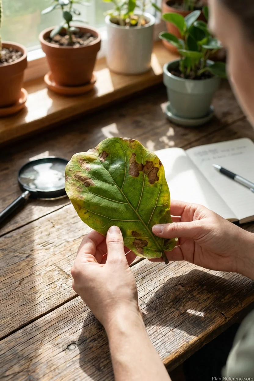 Fiddle leaf fig leaf displaying brown spots and yellowing to illustrate common care problems