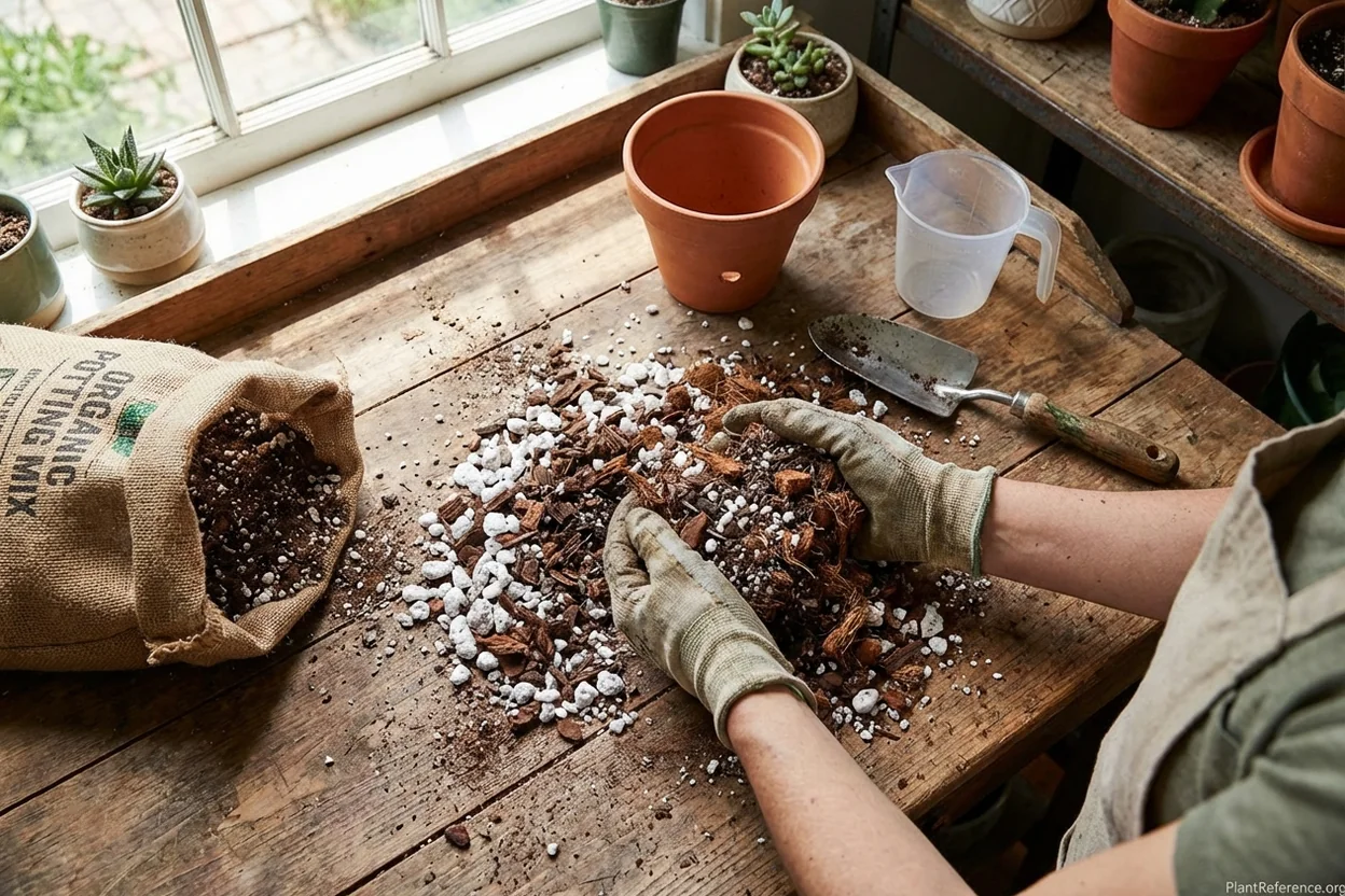 Well-draining fiddle leaf fig soil mixture showing perlite, pine bark, and potting soil components