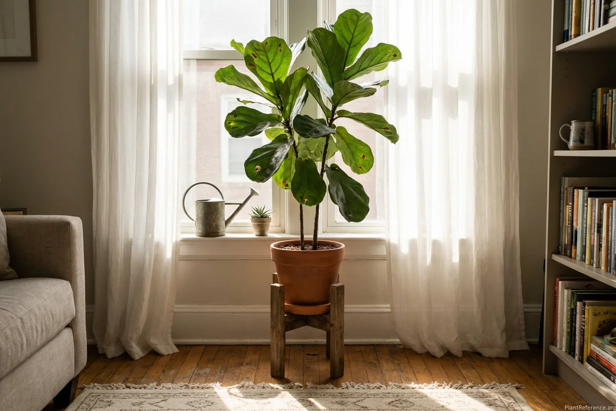 Fiddle leaf fig positioned by bright window receiving optimal indirect light for healthy growth
