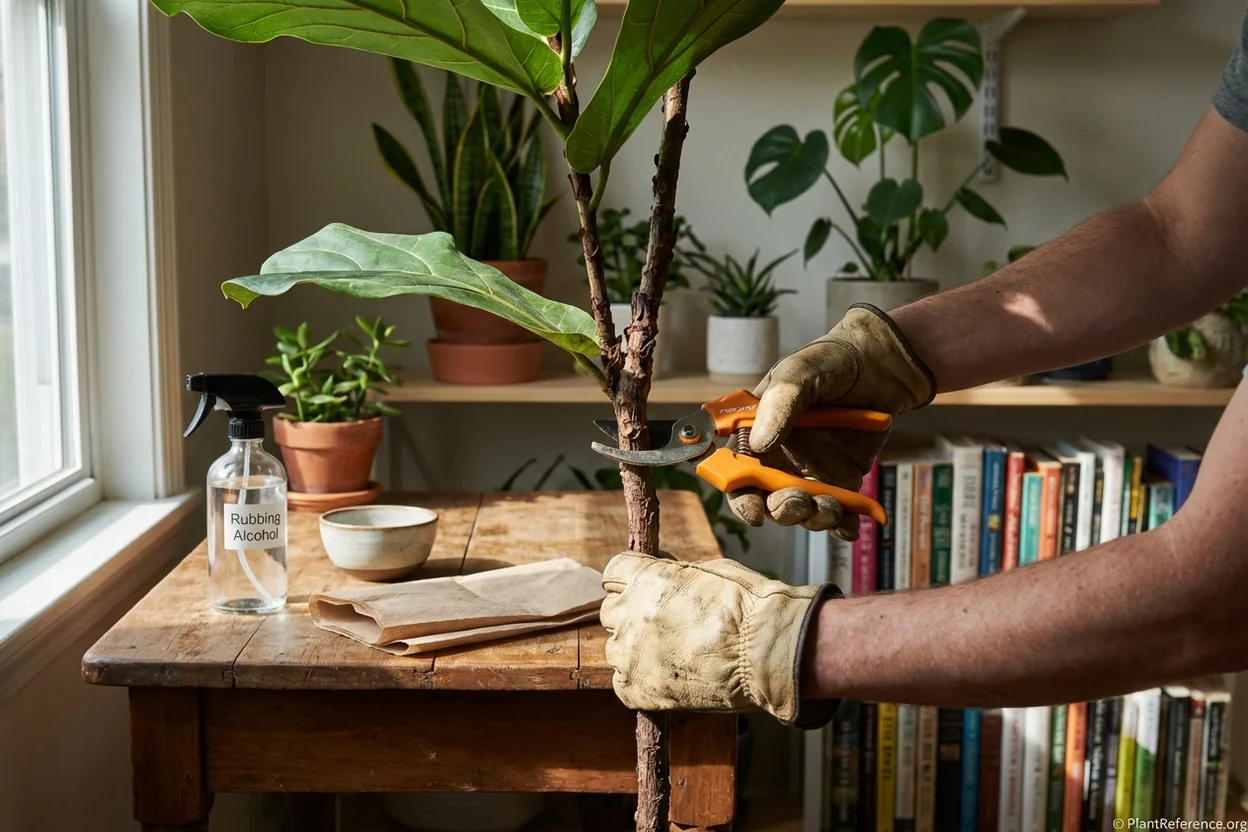 Proper pruning technique for fiddle leaf fig showing clean cut with sterilized shears above node