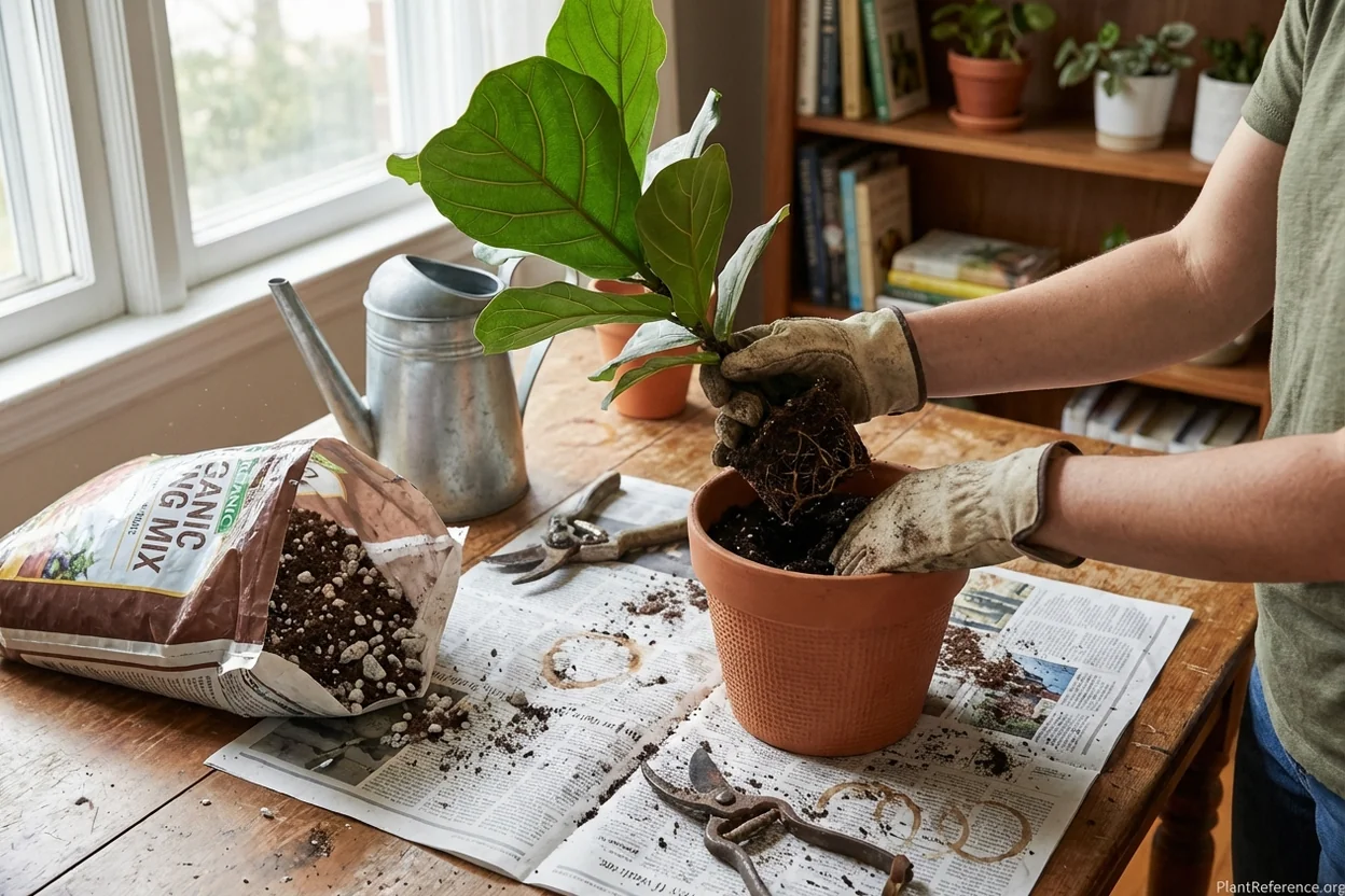 Repotting a fiddle leaf fig showing healthy root ball and fresh well-draining soil