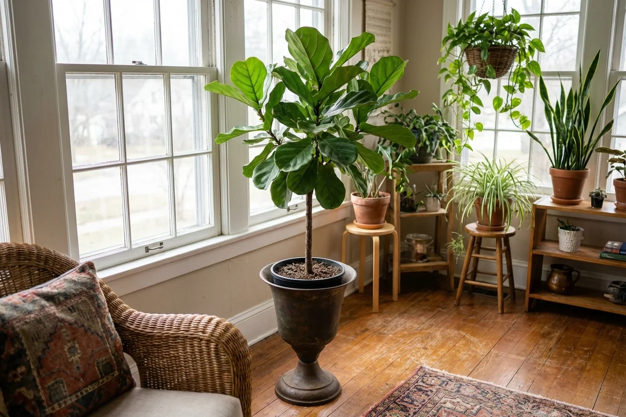 Healthy fiddle leaf fig with symmetrical growth showing proper rotation and light exposure