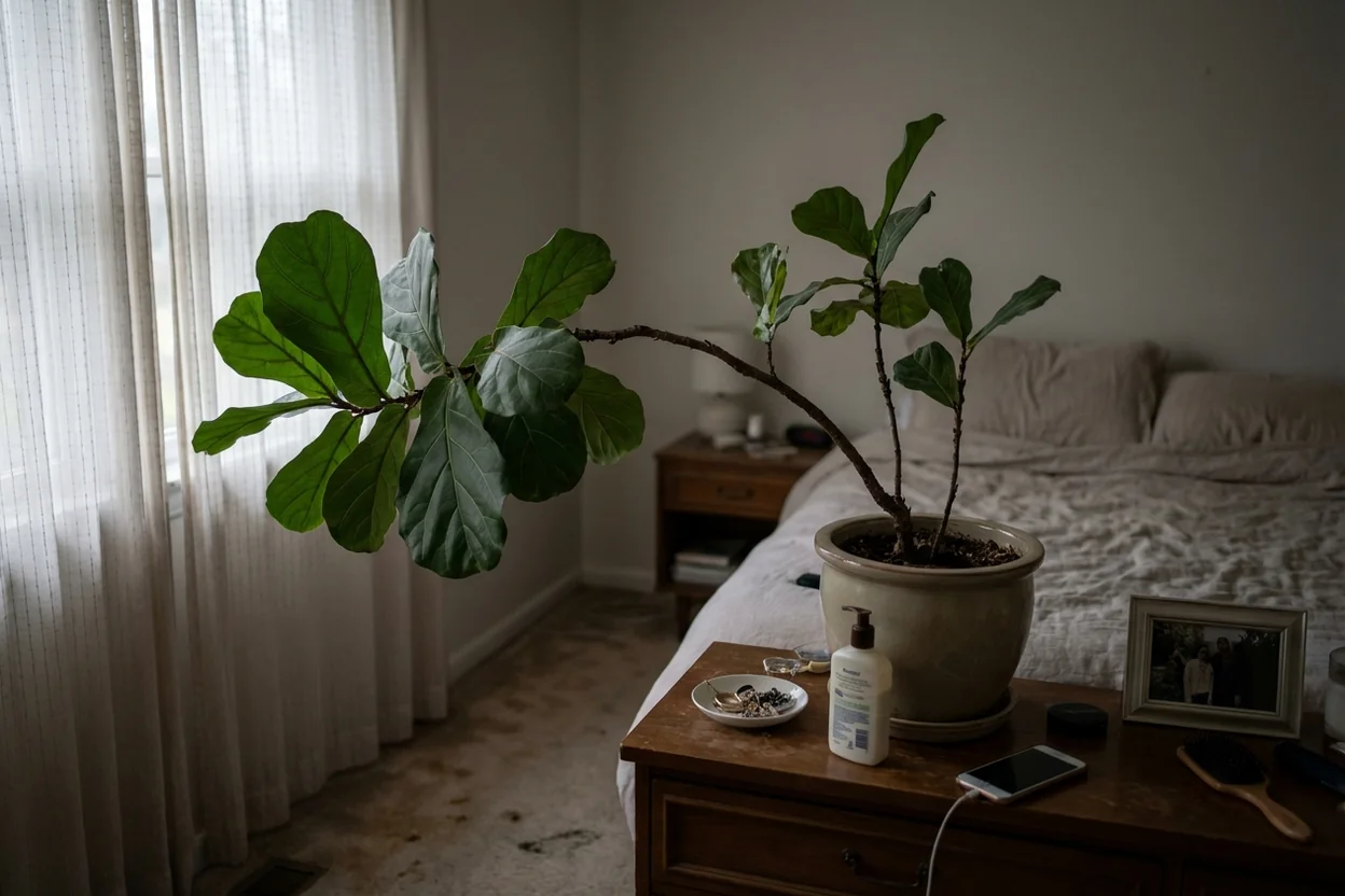 Fiddle leaf fig leaning toward window showing uneven growth from insufficient light