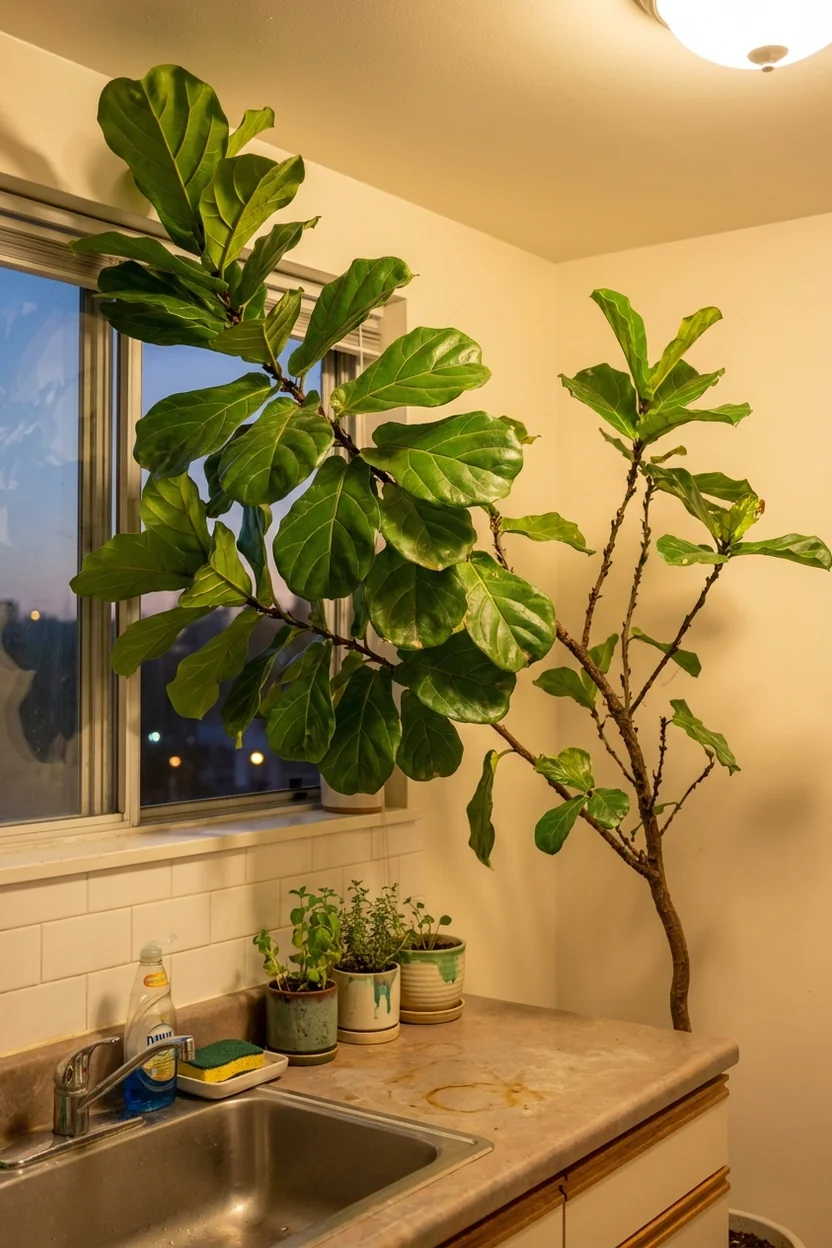 Fiddle leaf fig with fuller growth on one side showing effects of no rotation