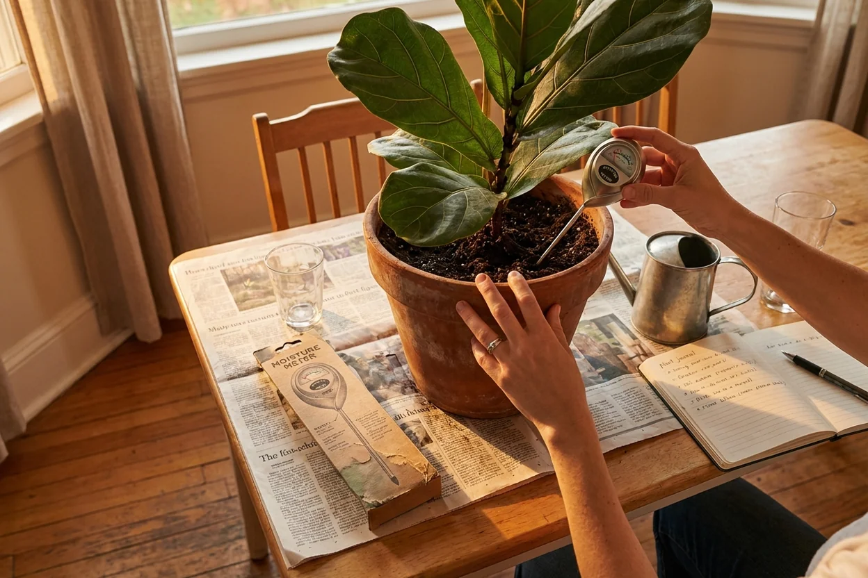 Using moisture meter to check fiddle leaf fig soil moisture level before watering