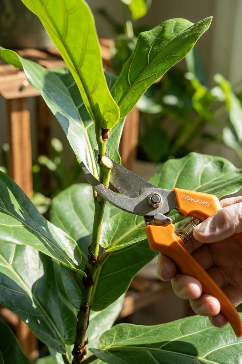 Sterilized pruning shears cutting fiddle leaf fig branch above leaf node at 45-degree angle