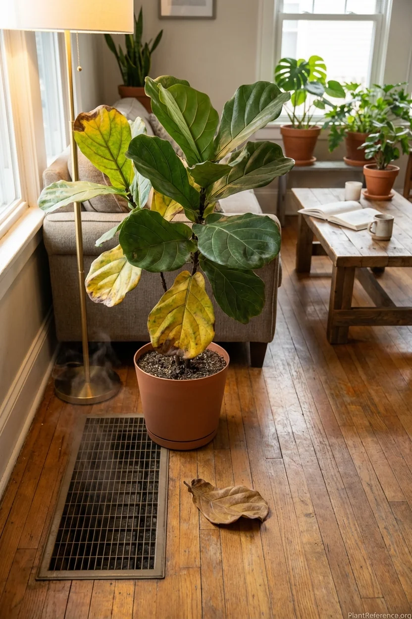 Fiddle leaf fig near heating vent showing leaf drop from temperature stress