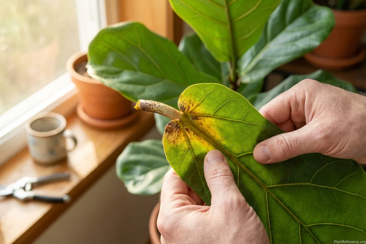 Close-up of fiddle leaf fig leaf turning yellow at stem before dropping