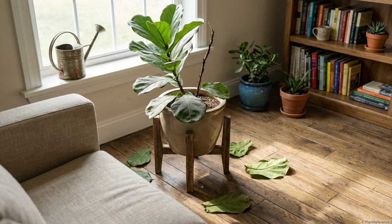 Fiddle leaf fig with fallen leaves on floor showing common leaf drop problem