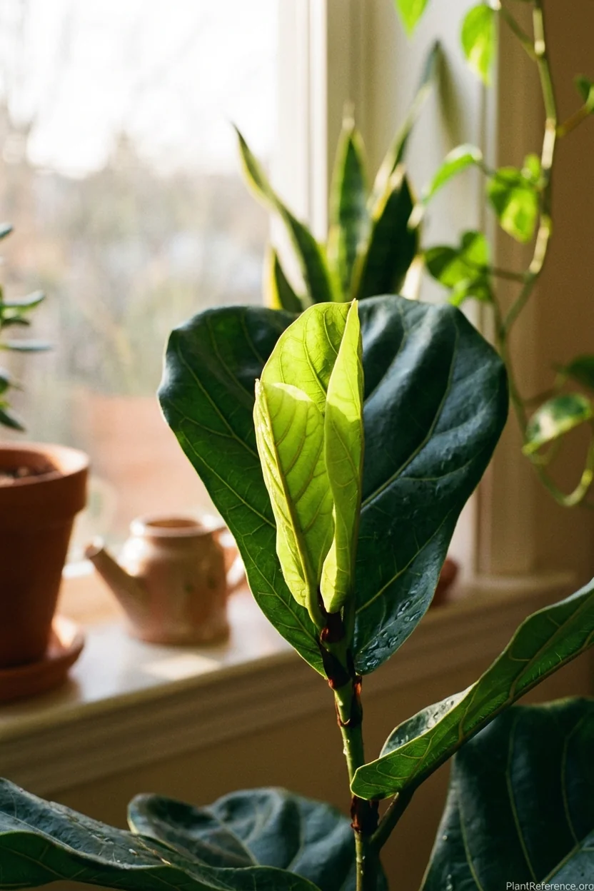 New fiddle leaf fig growth emerging after recovery from leaf drop stress