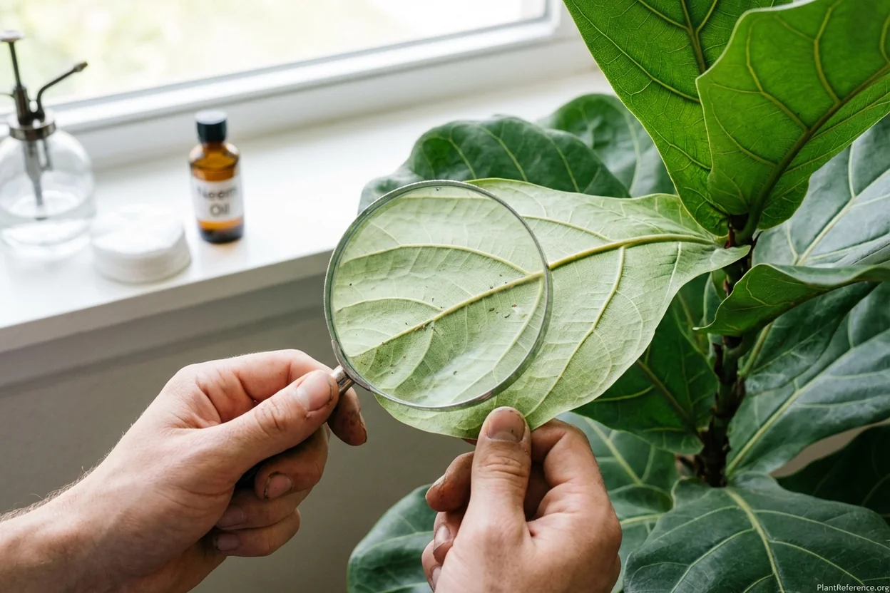 Inspecting fiddle leaf fig leaf for pests with magnifying glass