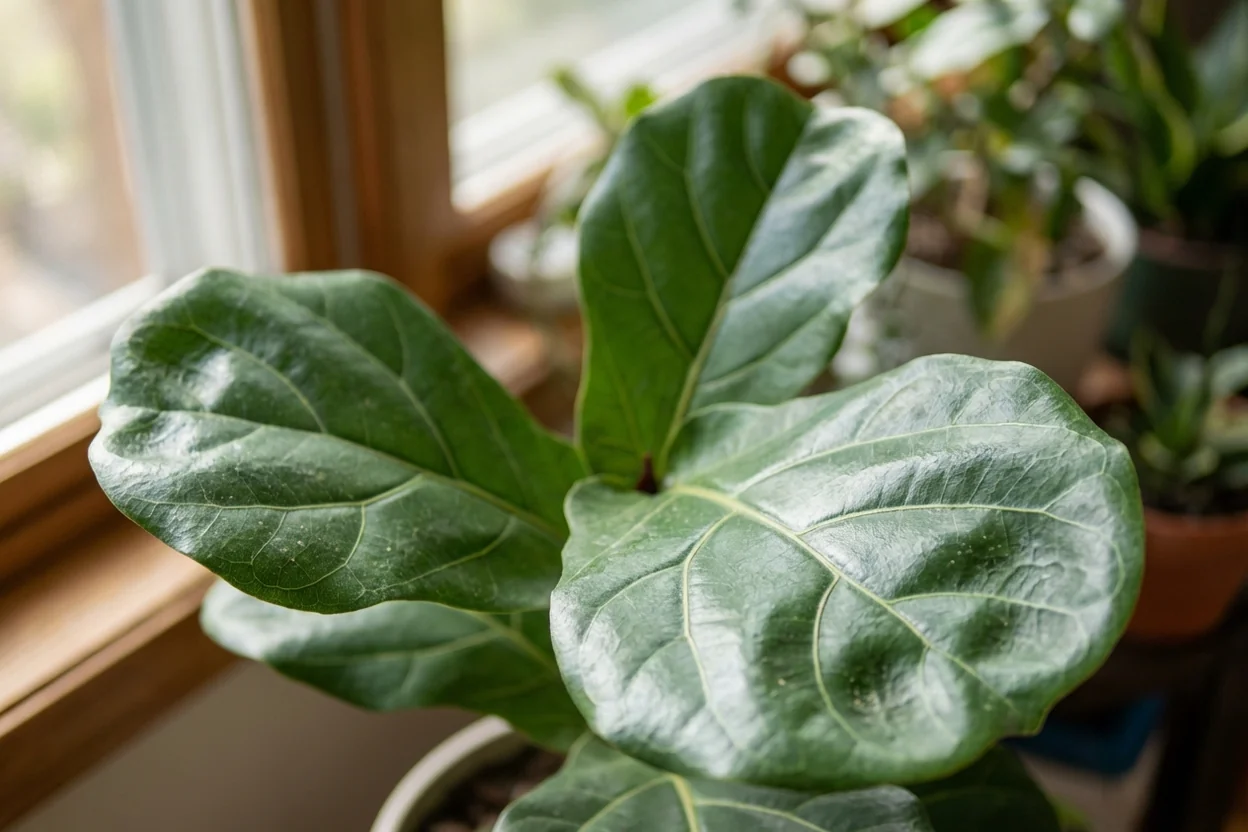Healthy fiddle leaf fig leaves showing dark green color from proper light requirements