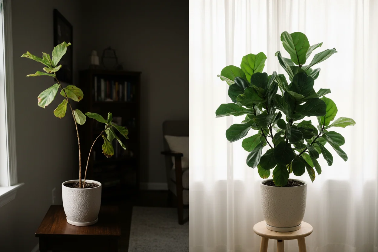 Comparison of fiddle leaf fig with proper light showing healthy growth versus low light showing decline