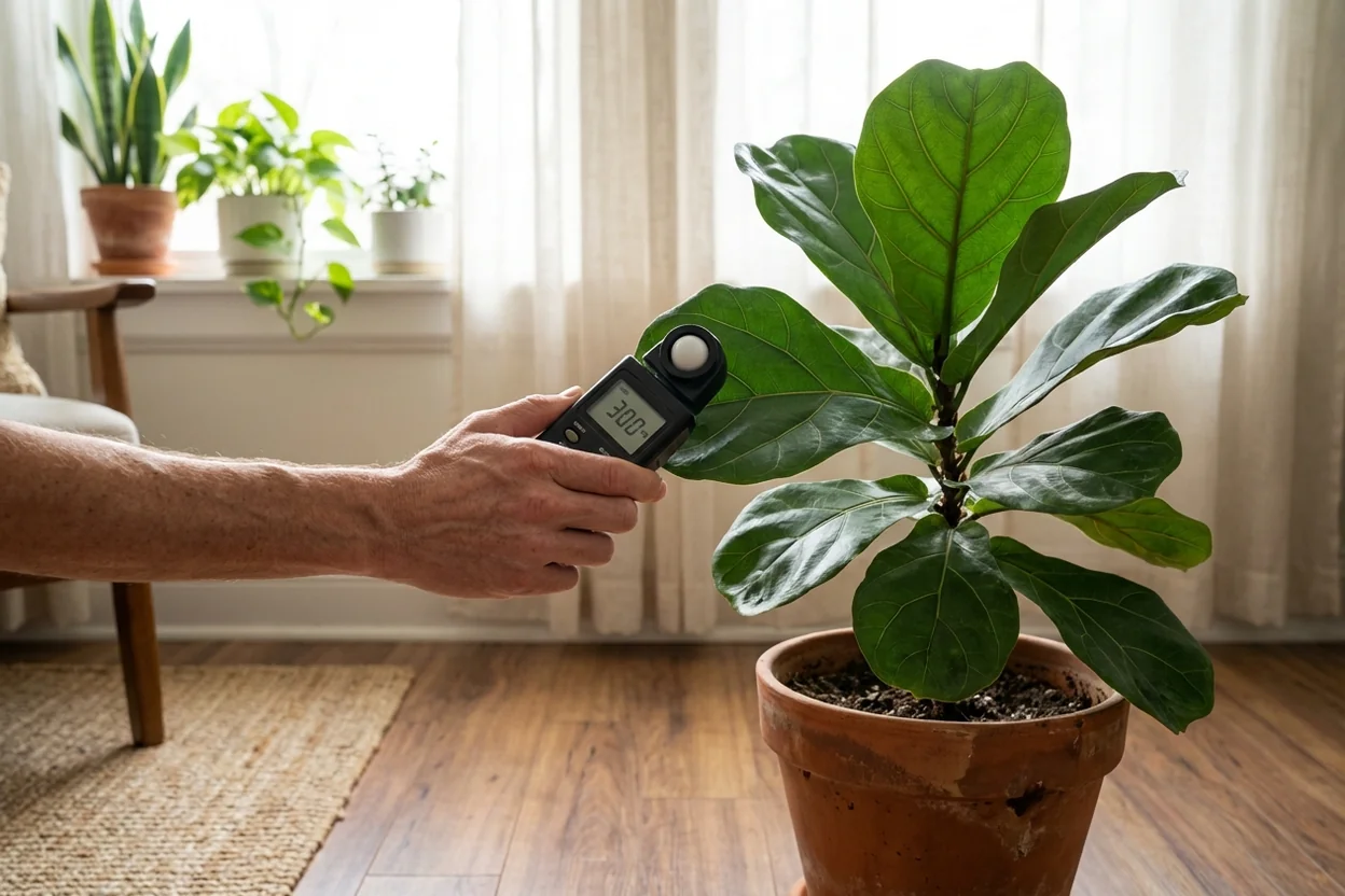 Using light meter to measure fiddle leaf fig light requirements and intensity