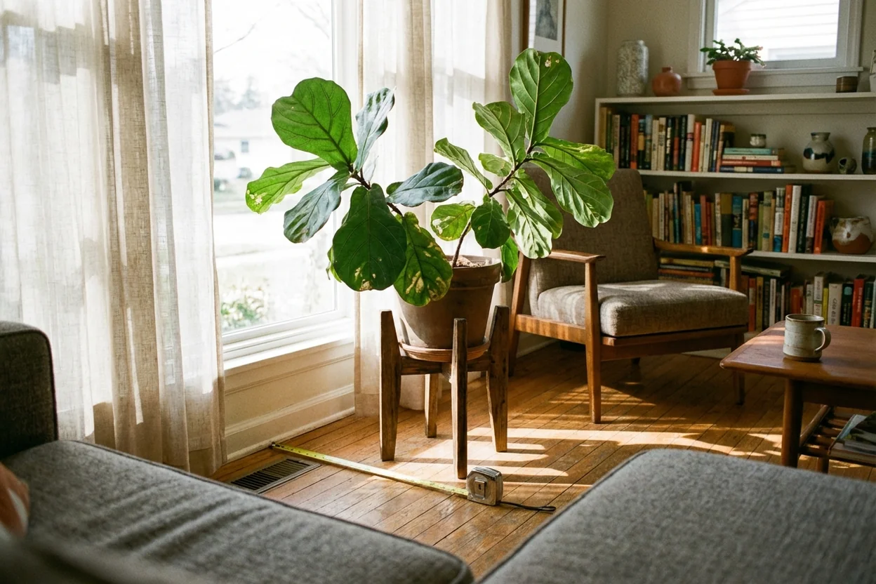 Proper fiddle leaf fig placement 2-3 feet from south-facing window for optimal light