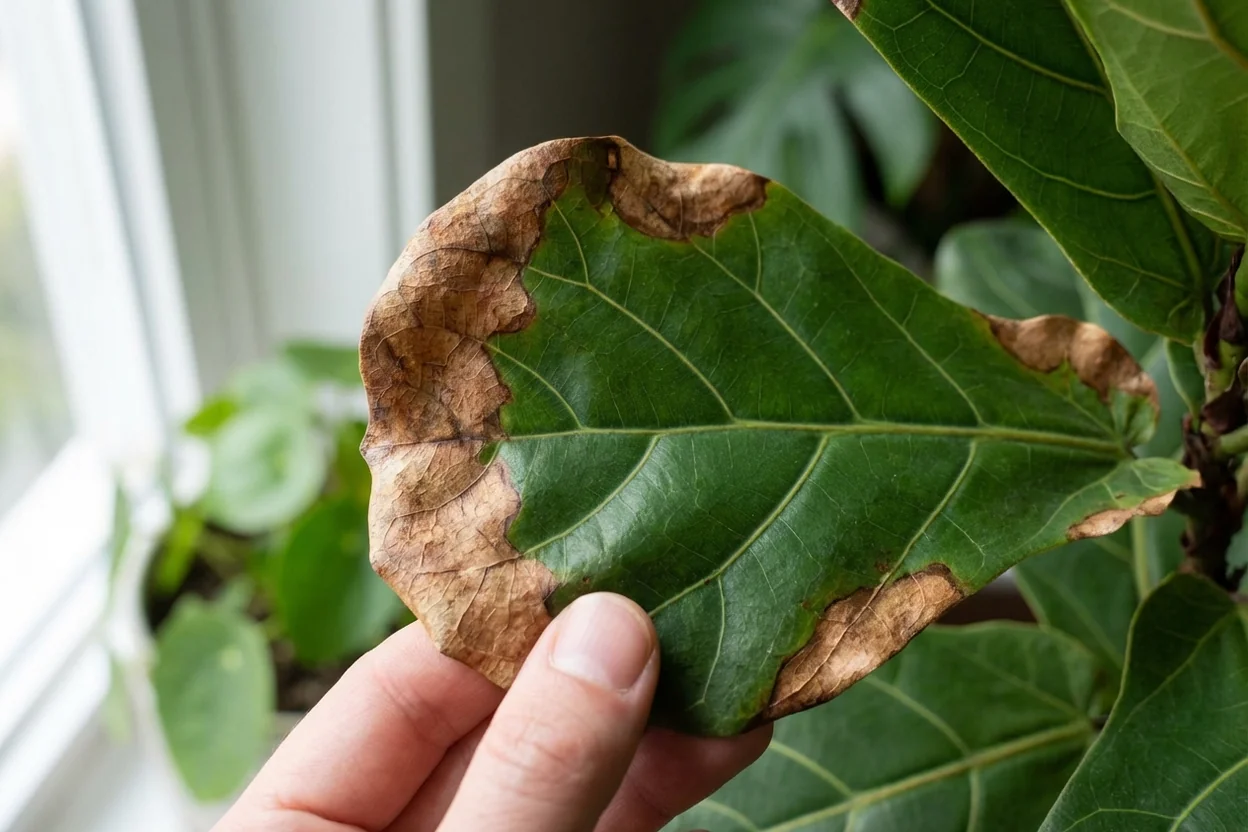 Fiddle leaf fig showing sunburn damage with brown crispy edges from excess direct light
