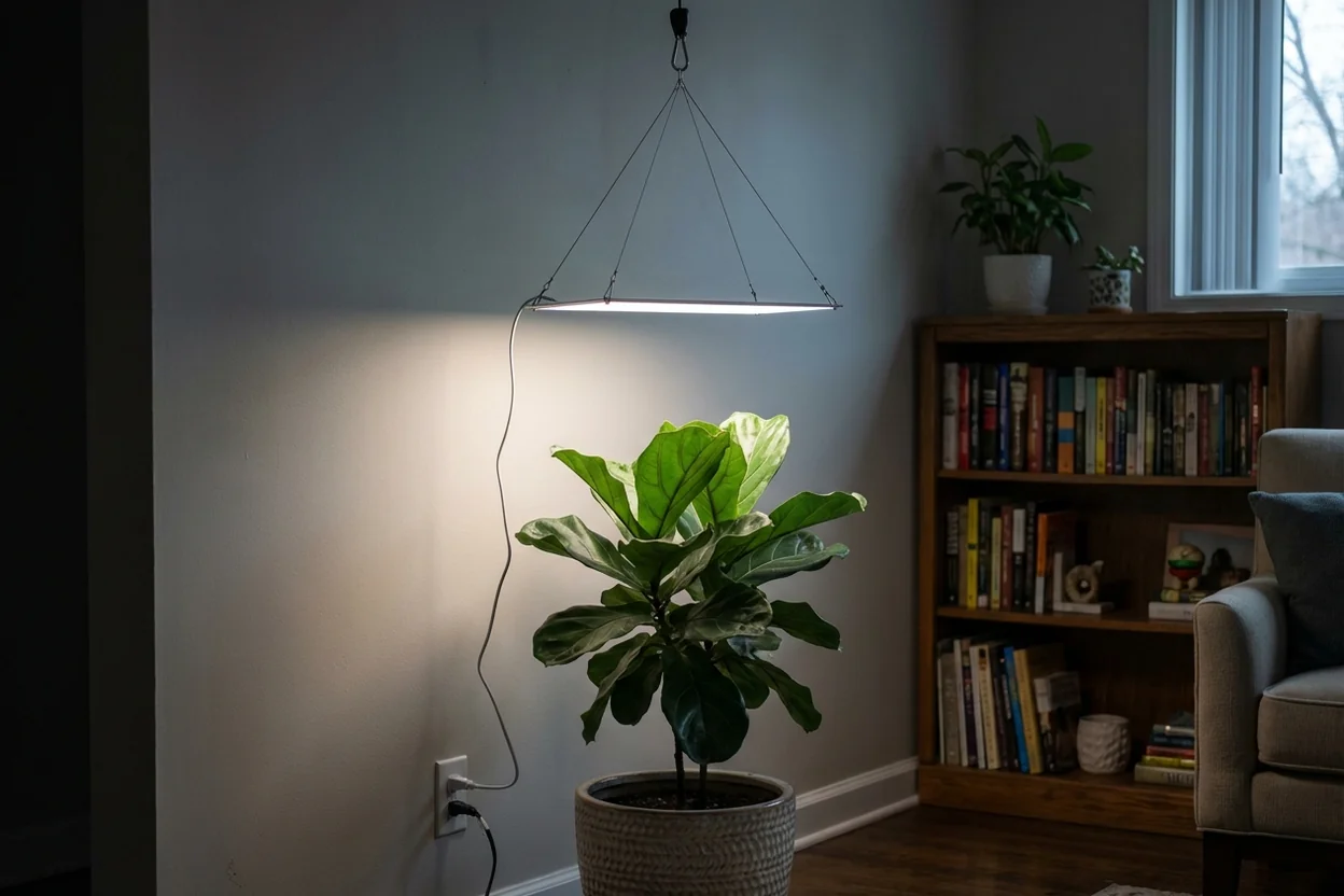 Proper grow light placement for fiddle leaf fig showing ideal distance and positioning