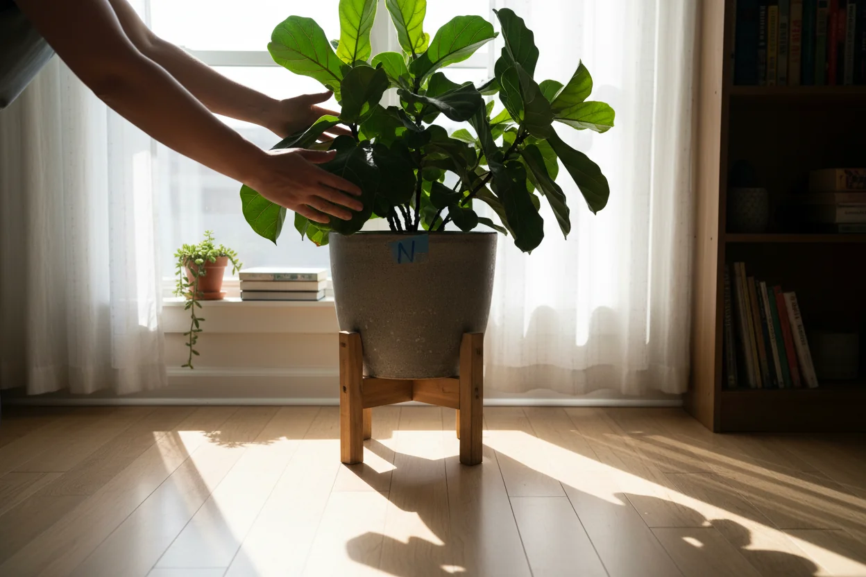 Rotating fiddle leaf fig 90 degrees weekly for even growth and preventing leaning