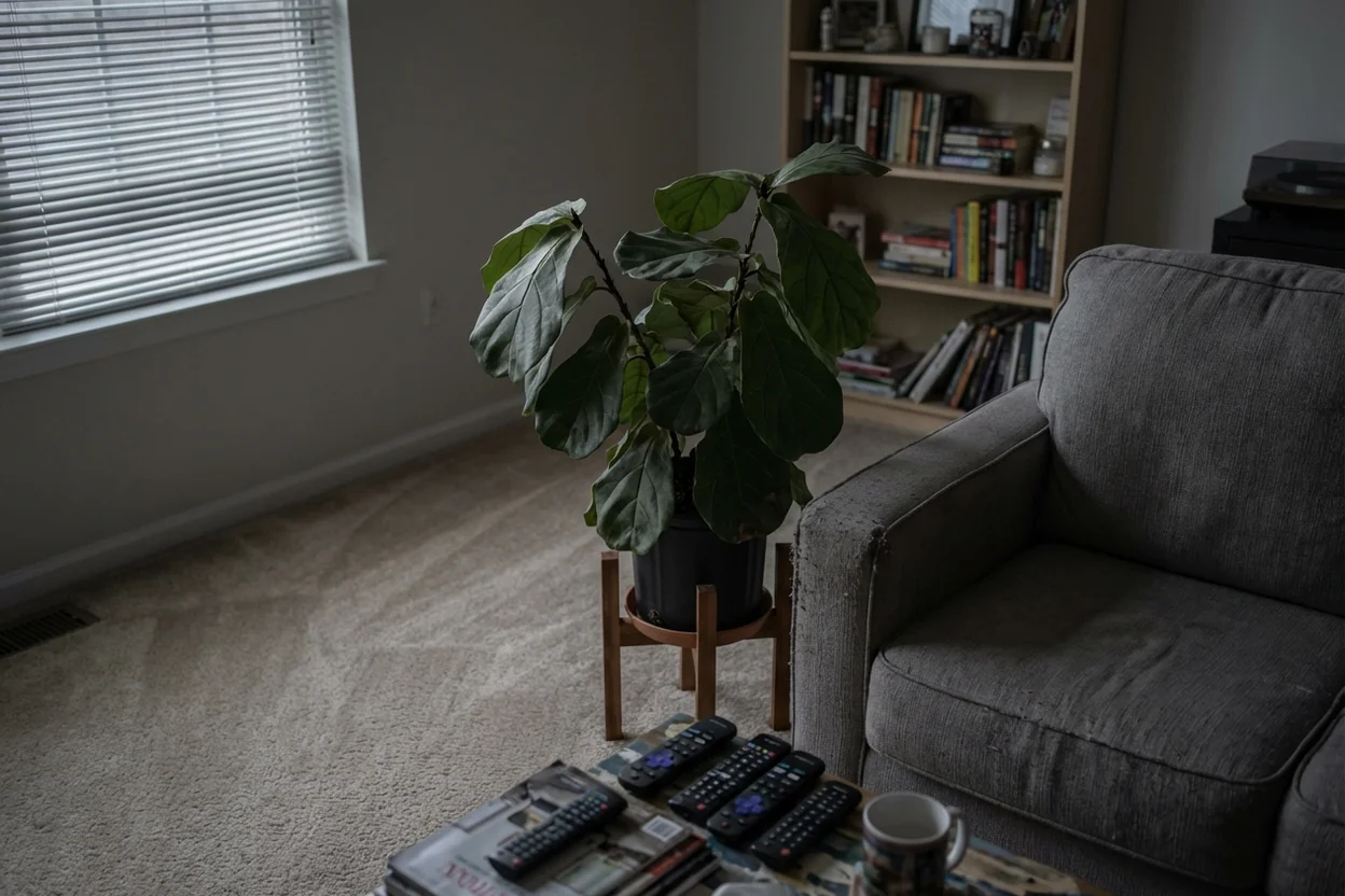 Fiddle leaf fig in dark corner far from window showing incorrect lighting placement