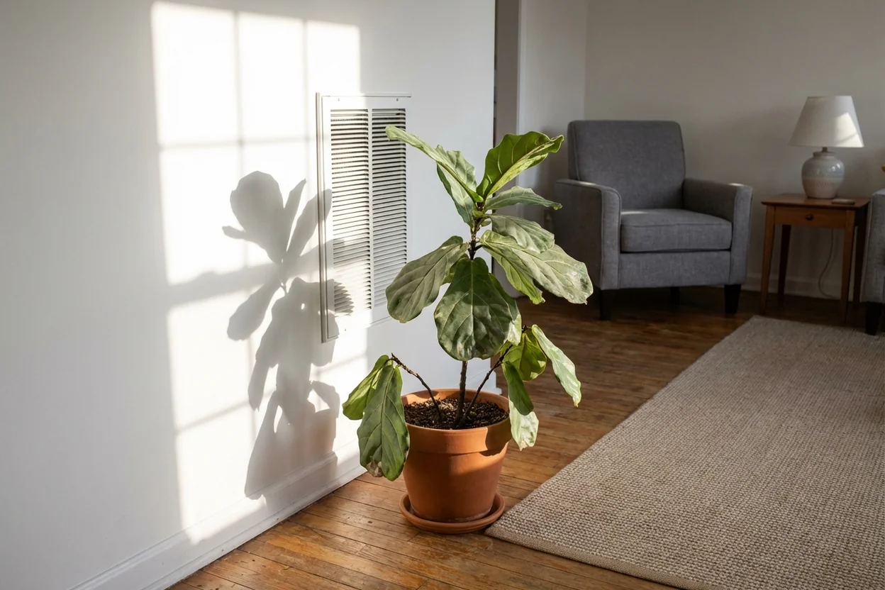 Fiddle leaf fig placed too close to heating vent showing poor temperature placement