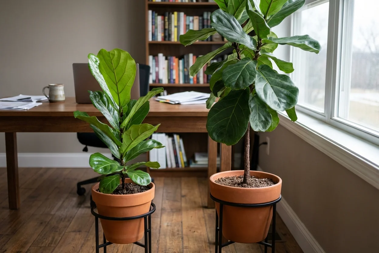 Side by side comparison of young and mature fiddle leaf fig showing growth rate differences