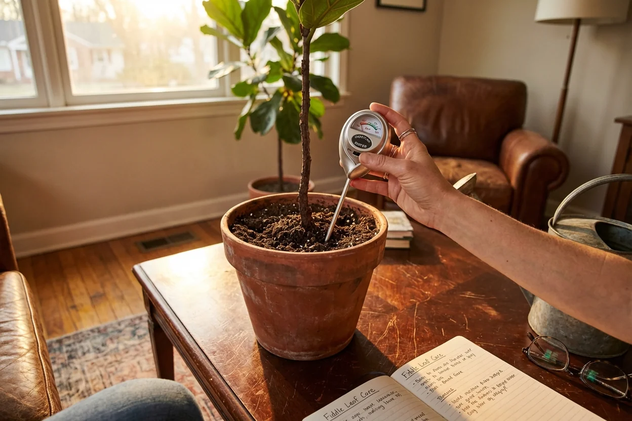 Hand using moisture meter probe in fiddle leaf fig potting soil to check water levels