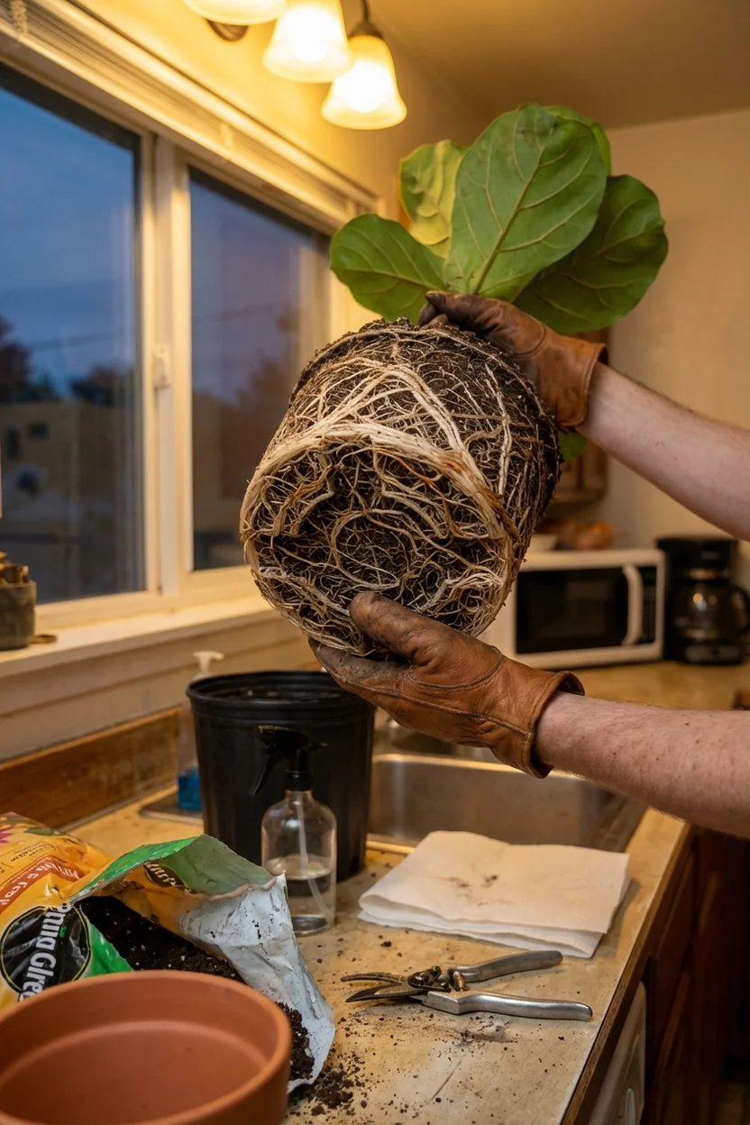 Root-bound fiddle leaf fig with dense circling roots filling entire pot
