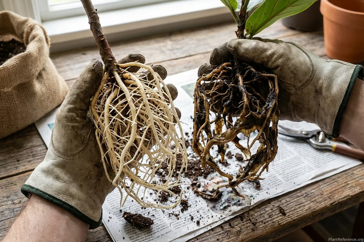 Comparison of healthy white roots versus brown mushy roots with fiddle leaf fig root rot