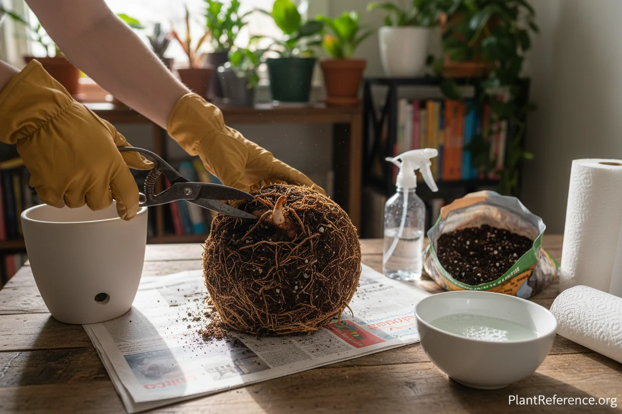 Pruning away brown diseased roots from fiddle leaf fig with sterilized shears