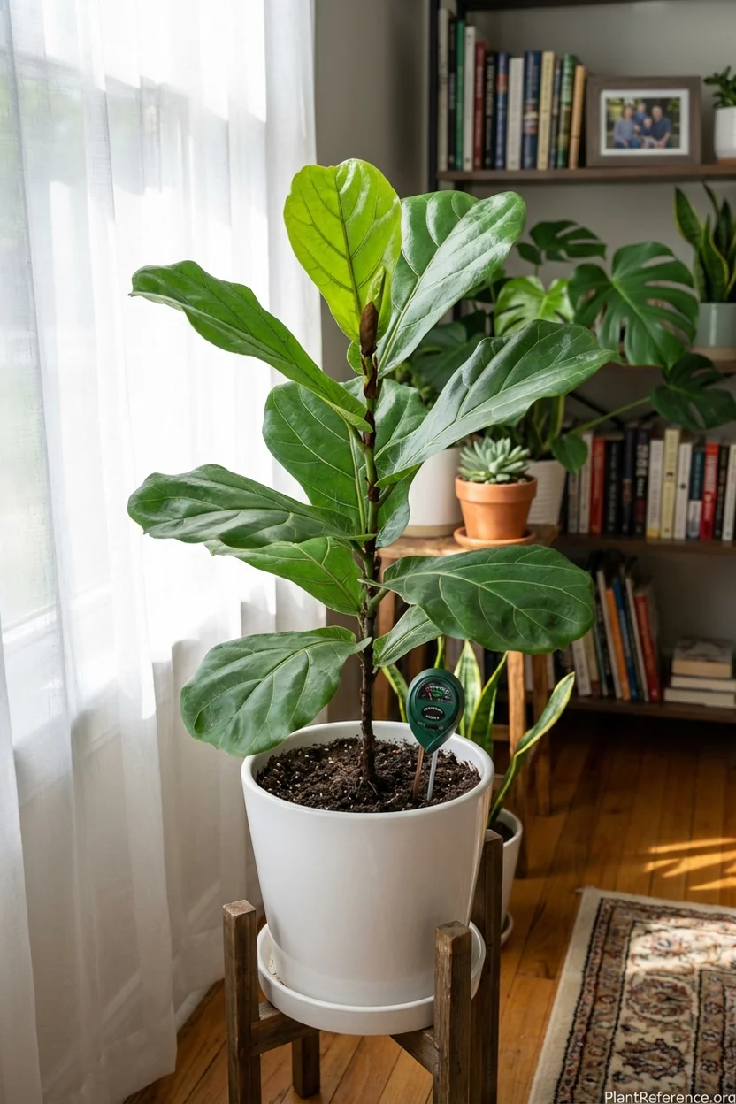 Fiddle leaf fig showing recovery and new leaf growth after root rot treatment