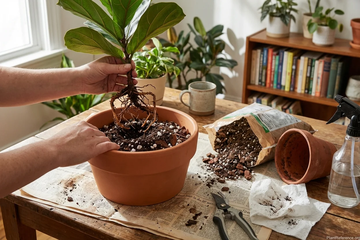 Repotting fiddle leaf fig in fresh soil with proper drainage after root rot treatment