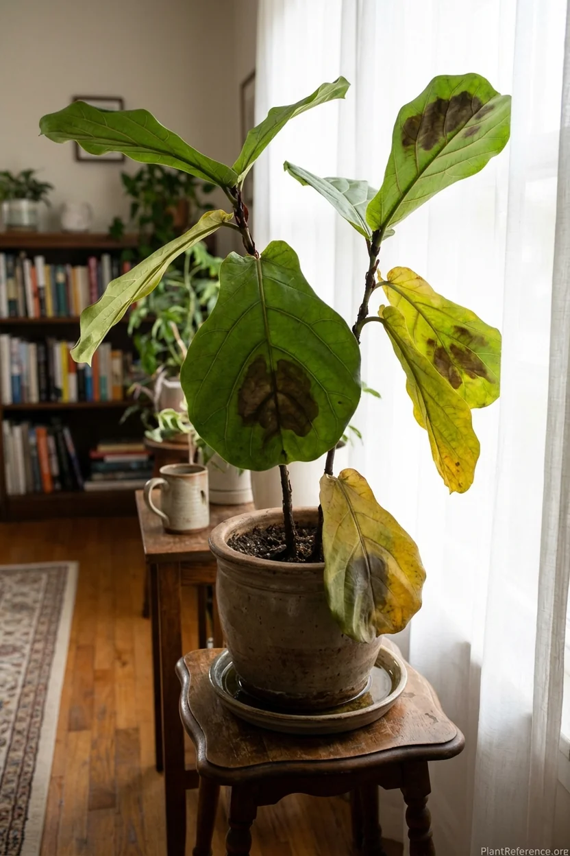 Fiddle leaf fig showing root rot symptoms with brown spots and yellowing leaves