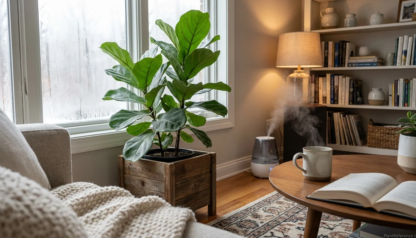 Fiddle leaf fig thriving in bright winter light near frosted window with proper winter care setup