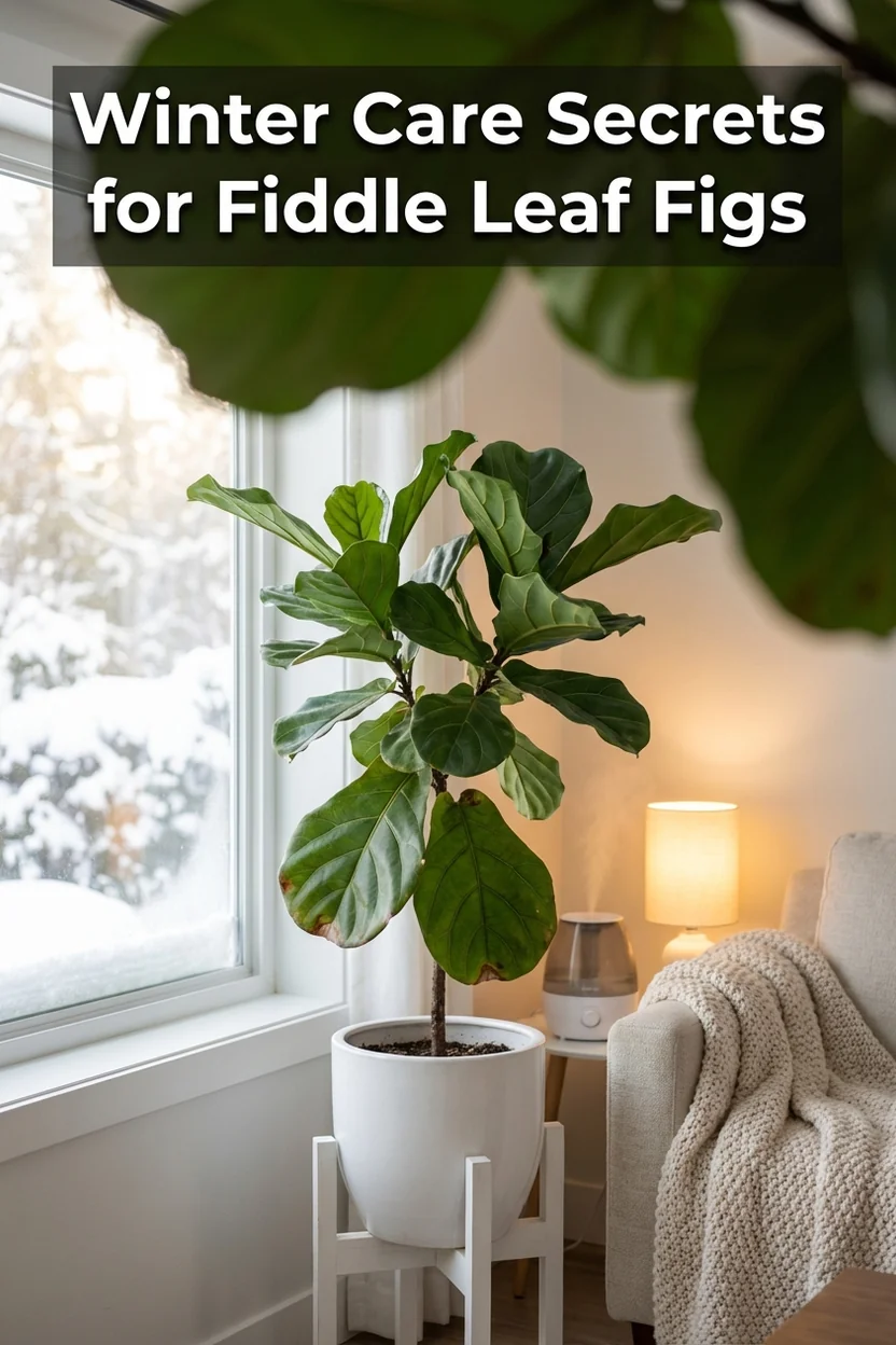 Pinterest pin showing fiddle leaf fig winter care guide with essential tips for healthy plants