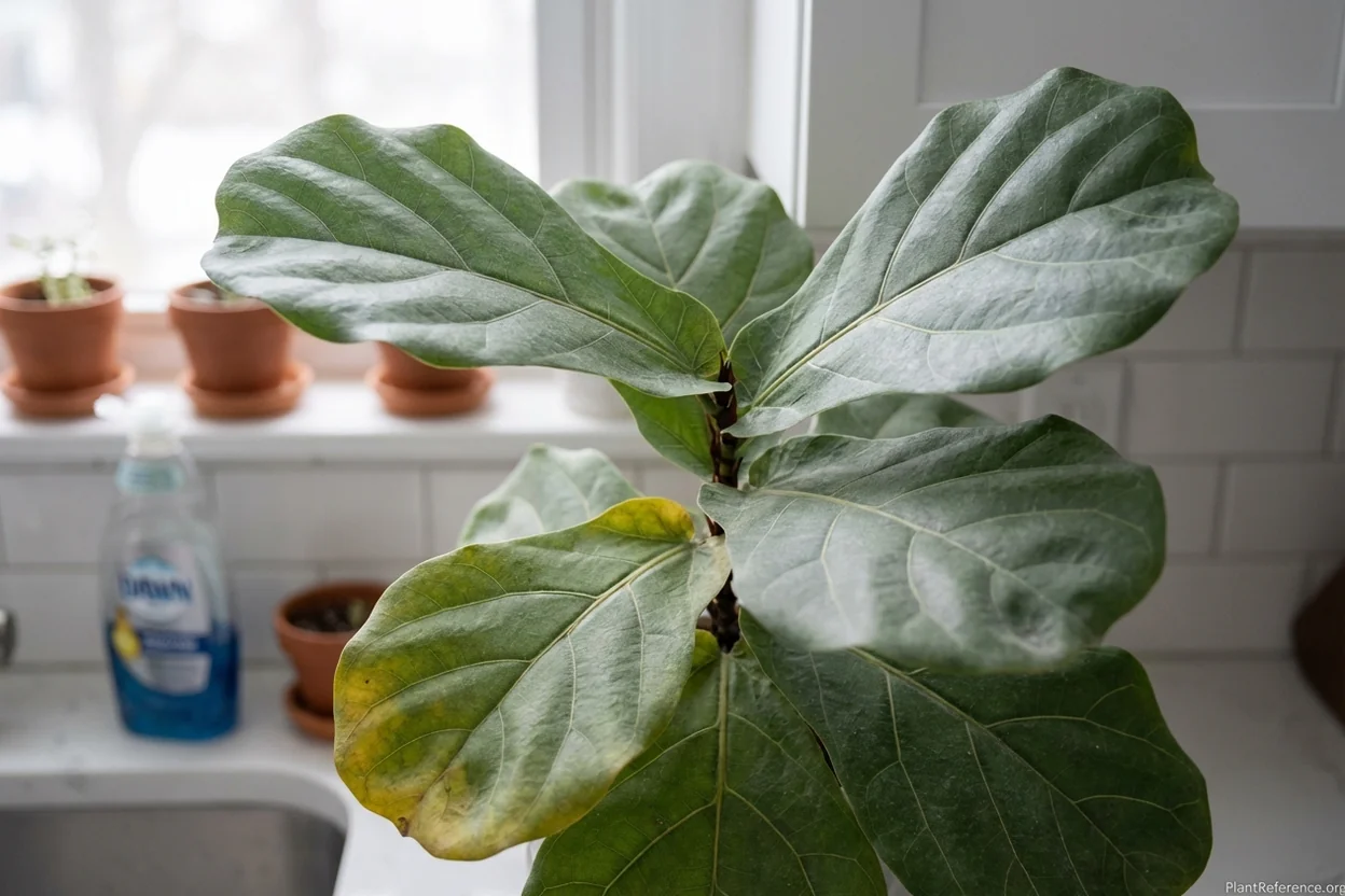 Fiddle leaf fig leaves displaying natural winter dormancy characteristics and seasonal color changes