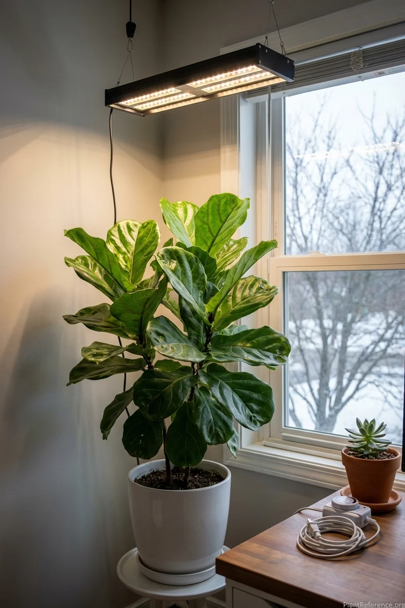 Fiddle leaf fig receiving supplemental grow light during winter months for optimal health