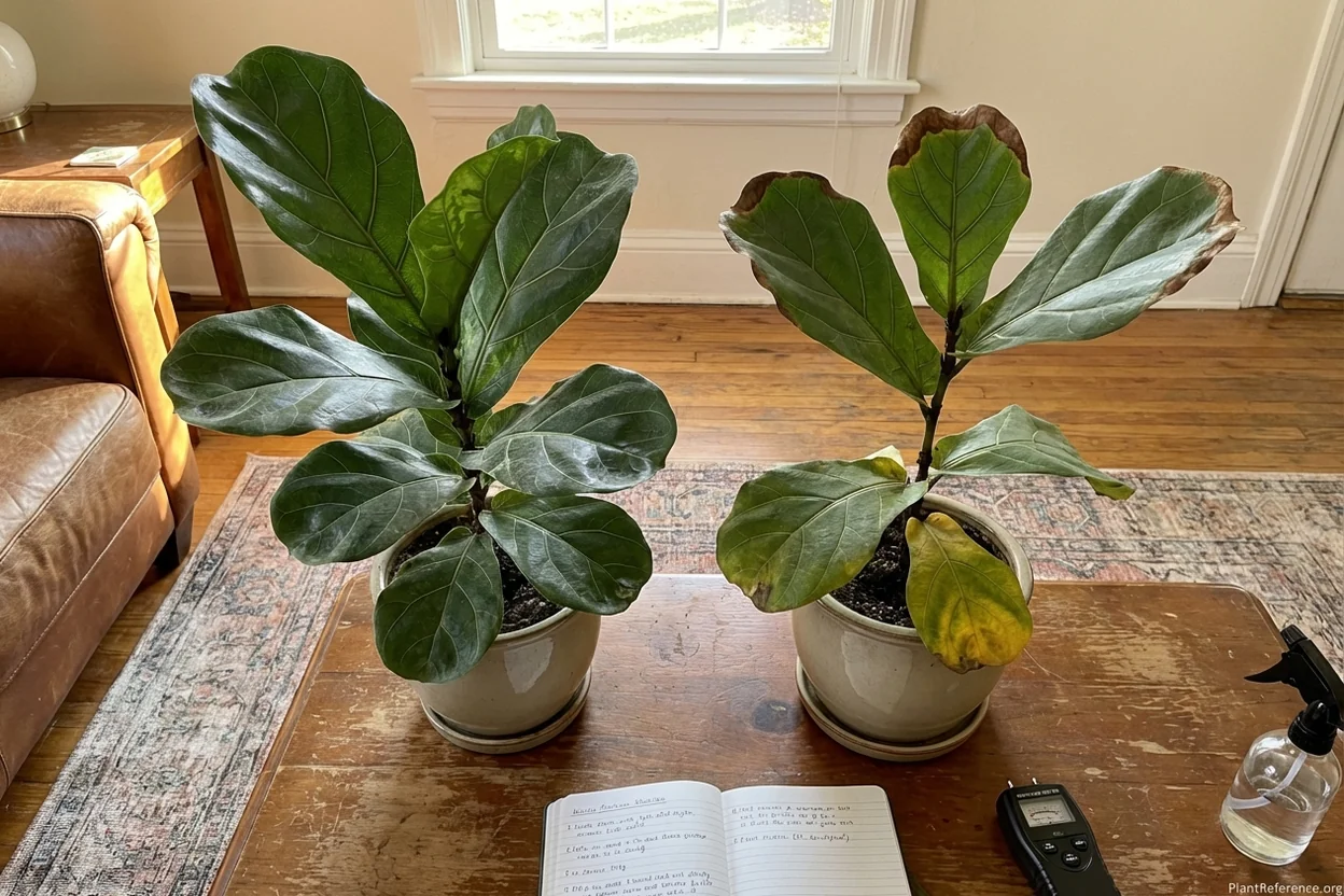 Side-by-side comparison of healthy winter fiddle leaf fig versus plant showing winter stress symptoms