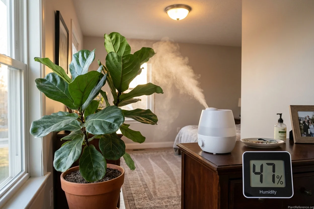 Humidifier maintaining optimal winter humidity levels for healthy fiddle leaf fig care