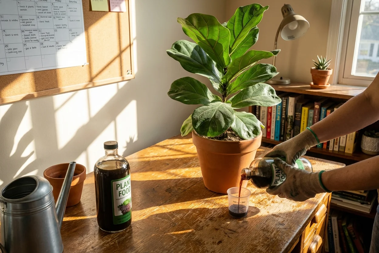 Liquid fiddle leaf fig fertilizer being measured and applied to plant during growing season