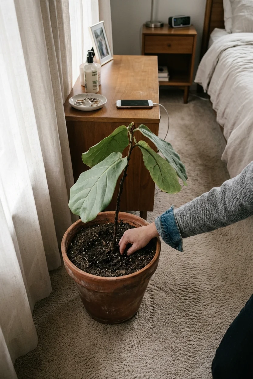 Hand inserted into fiddle leaf fig soil checking moisture level at root zone depth