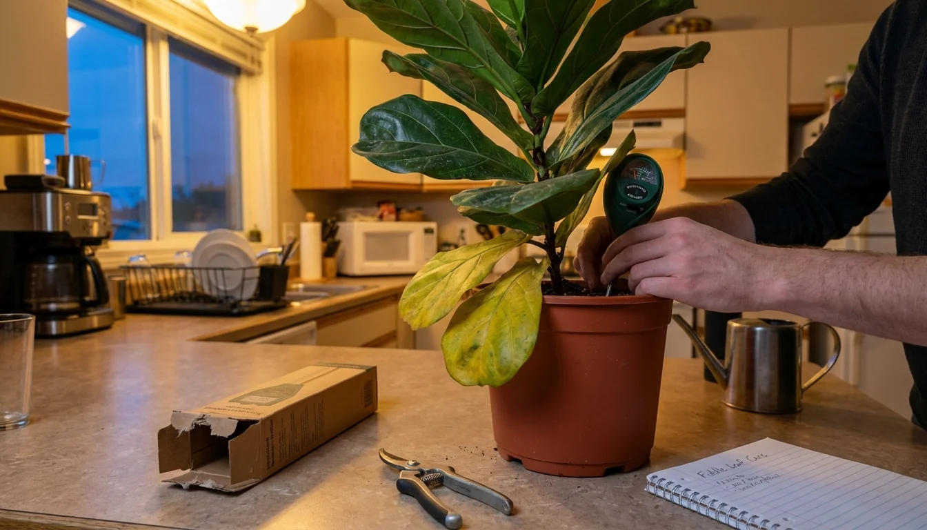 Fiddle leaf fig with yellow leaves being examined with moisture meter and pruning shears on kitchen counter
