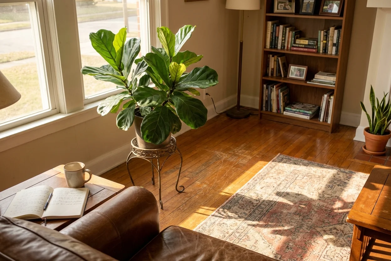Thriving fiddle leaf fig with vibrant green leaves after successful yellow leaf treatment and recovery