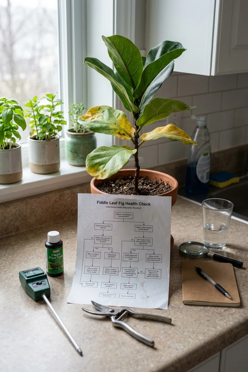 Printed diagnostic flowchart for fiddle leaf fig yellow leaves with tools and supplies