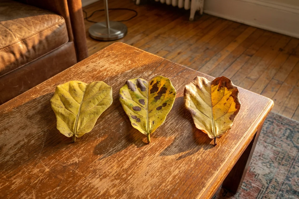 Different yellow leaf patterns on fiddle leaf fig showing overwatering versus nutrient deficiency symptoms